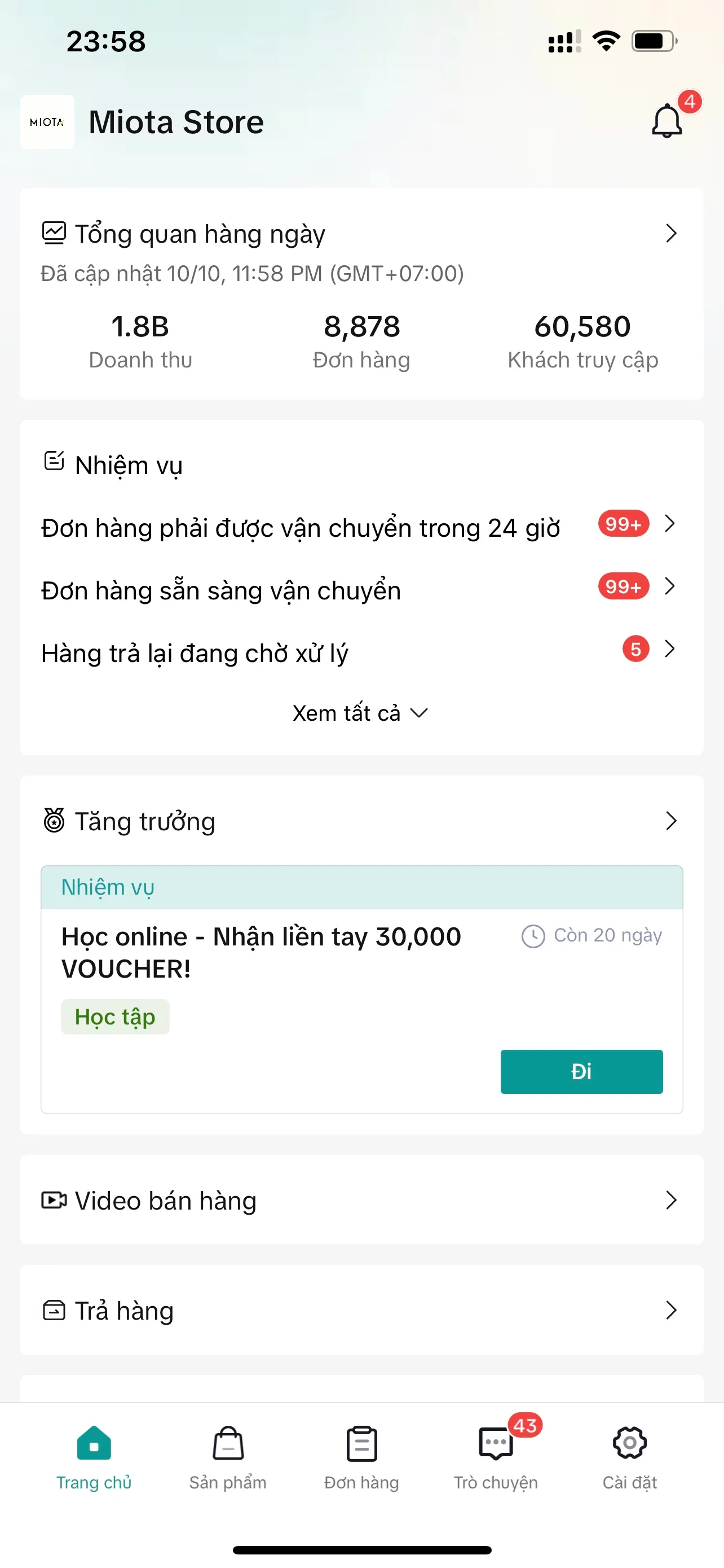 Màn hình quản lý gian hàng trên điện thoại, hiển thị doanh thu 1,8 tỷ đồng và 8.878 đơn đã bán.
