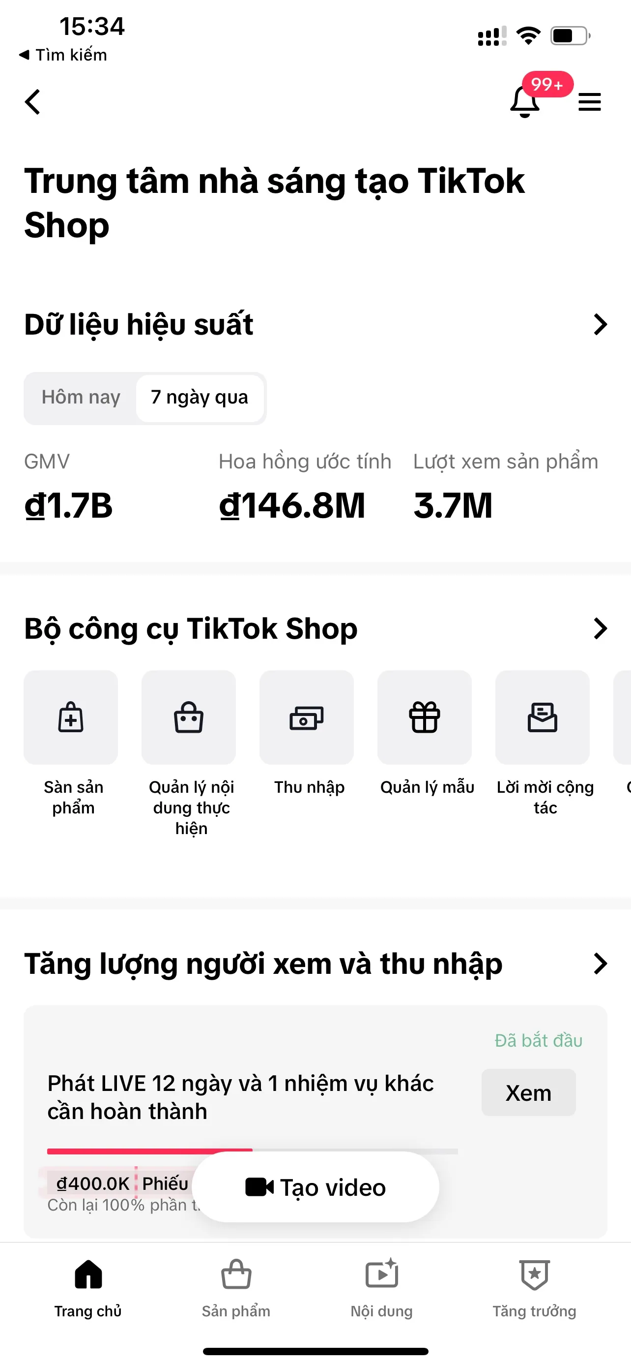 Màn hình điện thoại hiển thị Trung tâm nhà sáng tạo TikTok Shop với các chỉ số GMV, hoa hồng ước tính và lượt xem sản phẩm trong bảy ngày.